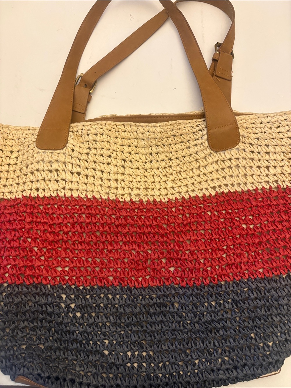 croft & barrow Red, Navy & Cream Woven Tote with Tan Handles